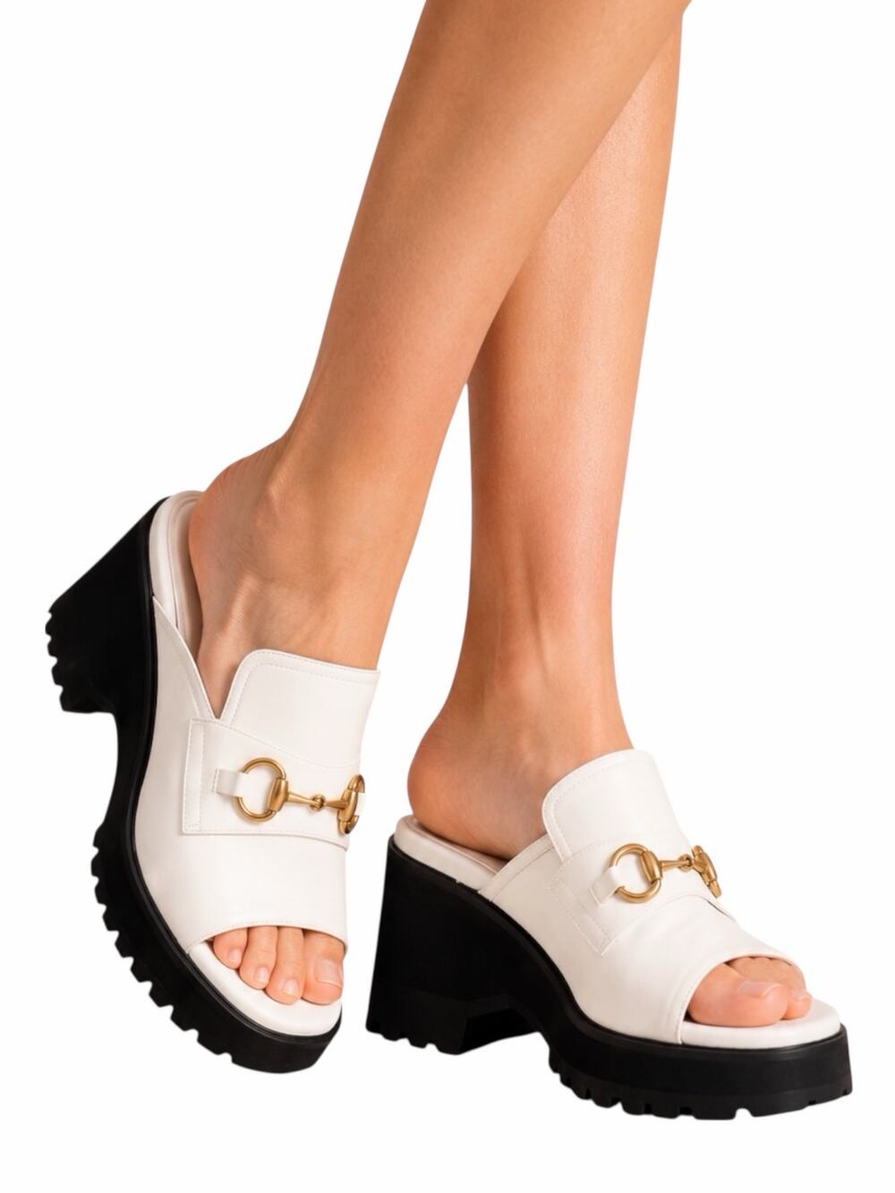 Gucci Cordovan Horsebit Open Toe Platform Slide Sandal Dusty White Size 41